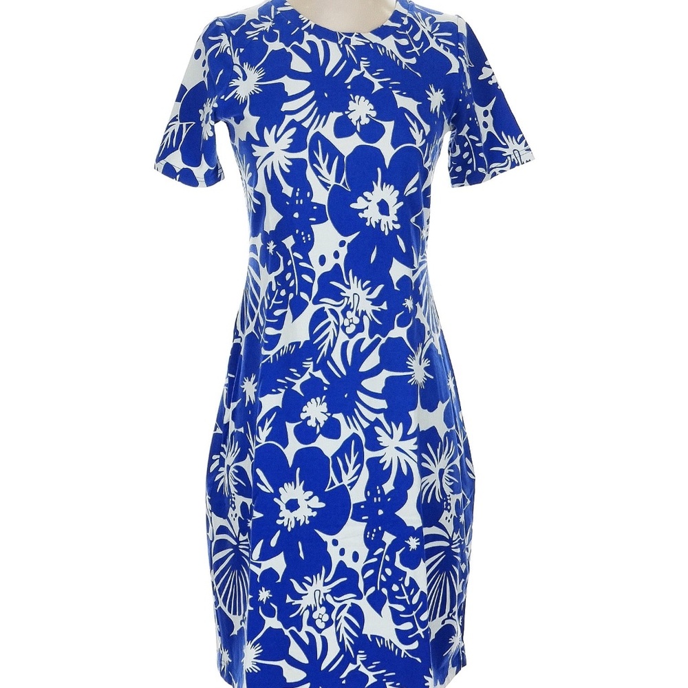 🌺 Whit Two Blue & White Tropical Floral Print Sheath Dress (XSP) 🌴
